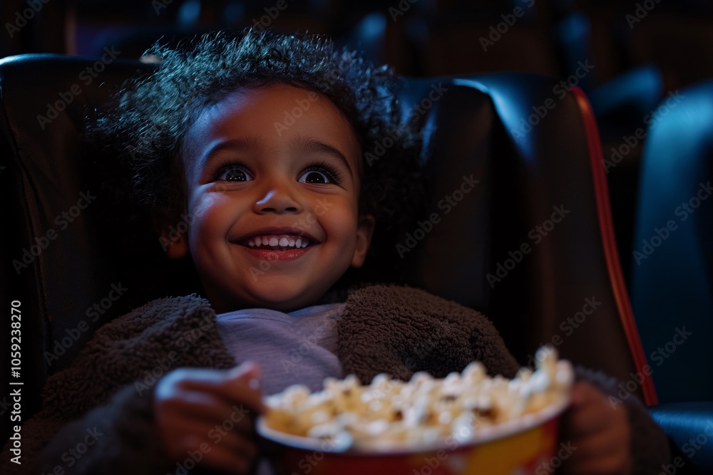Naklejka premium Child smiling while sitting in a movie theater seat, holding popcorn, dark room, screen glow 5