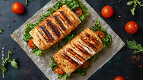 Grilled chicken sandwich with lettuce and tomato on yellow background