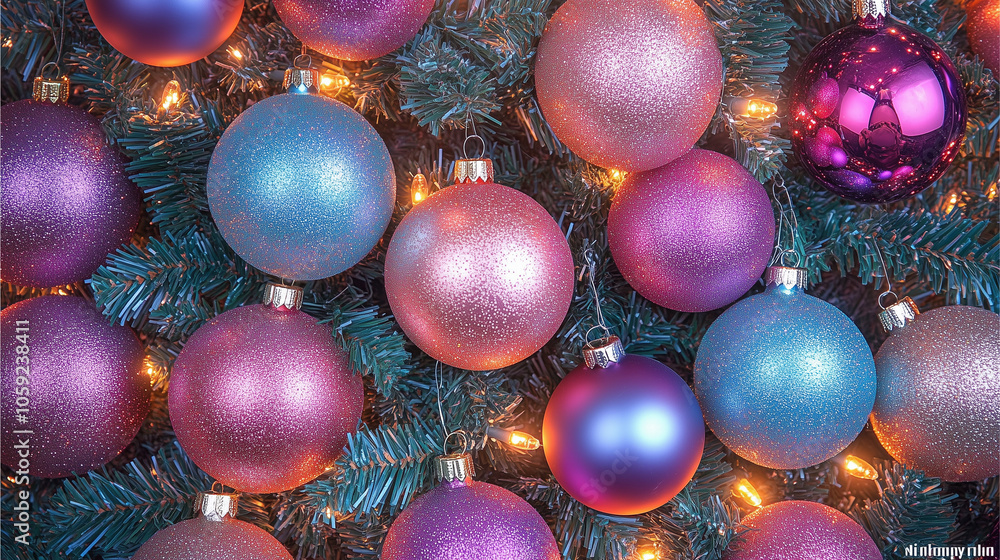 Close-up of holiday ornaments on a Christmas tree with colorful lights Close-up of holiday ornaments on a Christmas tree with colorful lights