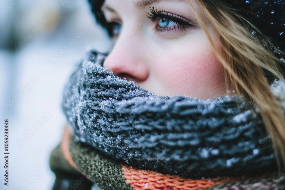 Young woman wrapped in a warm scarf during winter Young woman wrapped in a warm scarf during winter