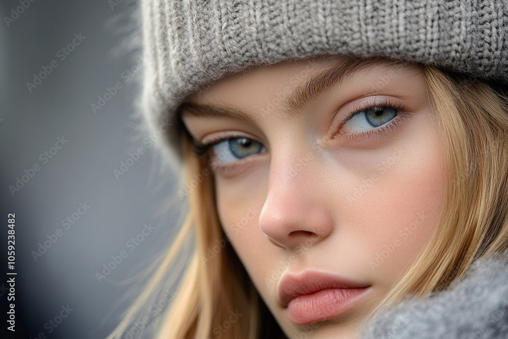 Close-up of a young woman with blue eyes and a knit hat Close-up of a young woman with blue eyes and a knit hat