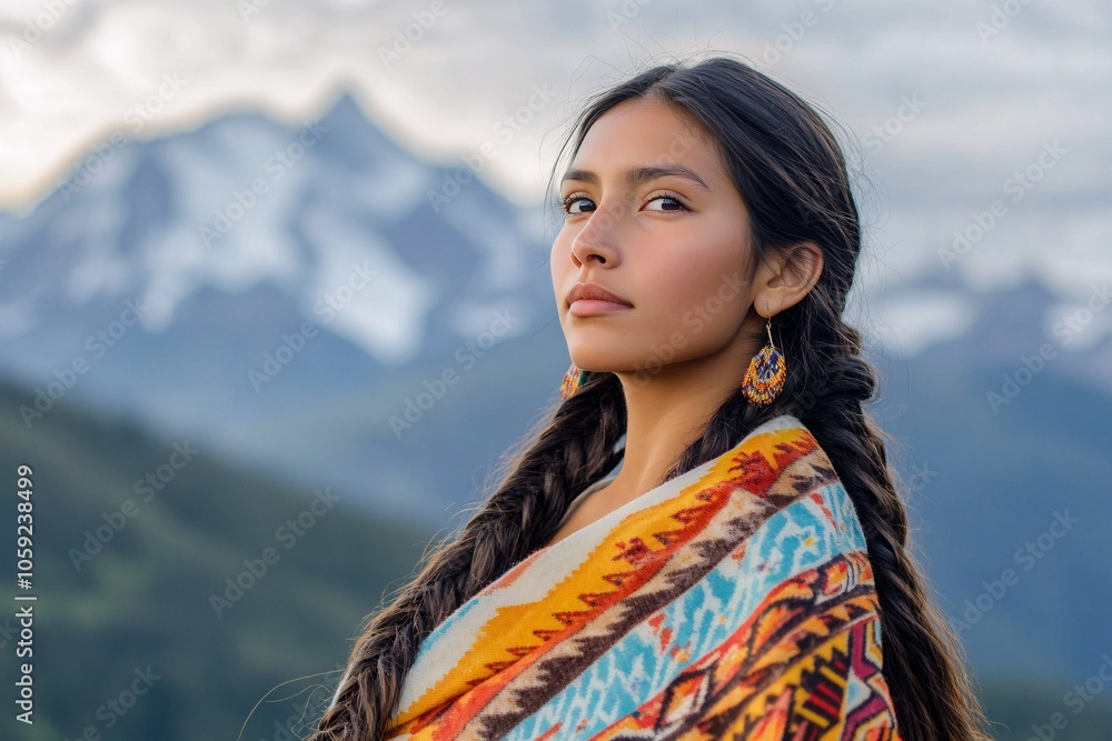 A young indigenous woman with long braided hair, wearing a colorful shawl, standing in front of a mountain range, morning light 3 A young indigenous woman with long braided hair, wearing a colorful shawl, standing in front of a mountain range, morning light 3