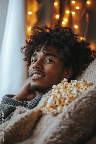 Cozy night in with a man enjoying popcorn while wrapped in a blanket at home
