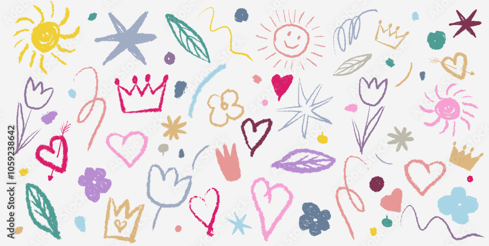Big set of hand drawn colored charcoal doodle shapes, kids squiggles, in childish girly style. Template pencil drawings illustration. Vector heart, crown, stars, flower, grid doodle collage elements. Big set of hand drawn colored charcoal doodle shapes, kids squiggles, in childish girly style. Template pencil drawings illustration. Vector heart, crown, stars, flower, grid doodle collage elements.