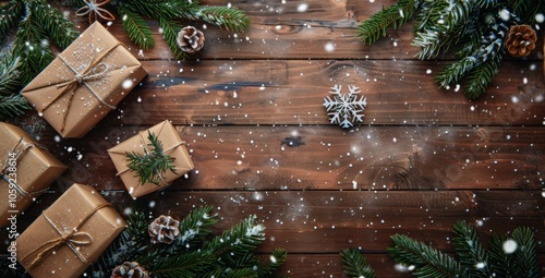 Wrapped Gifts on Rustic Wooden Surface With Pine Branches and Snow