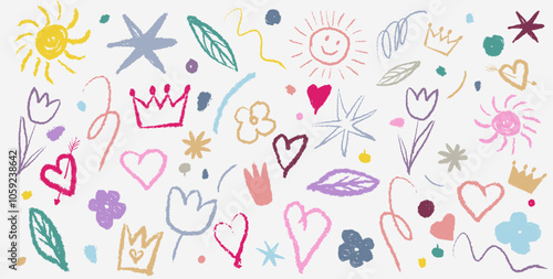 Big set of hand drawn colored charcoal doodle shapes, kids squiggles, in childish girly style. Template pencil drawings illustration. Vector heart, crown, stars, flower, grid doodle collage elements.