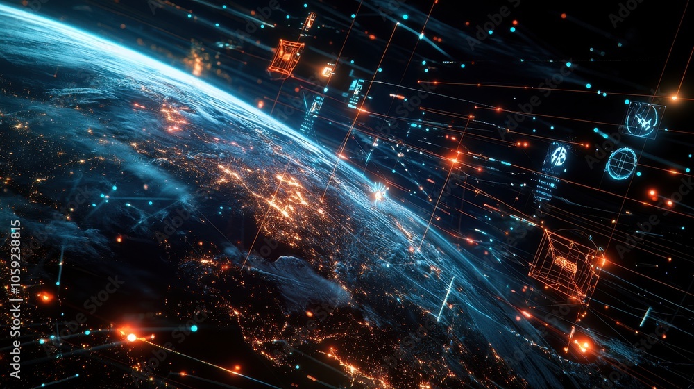 Obraz premium Global Network Connection - Earth with Digital Data Lines and Interfaces - Futuristic Technology Background.
