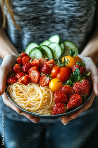 Fresh vegetables and vibrant fruits served in a bowl held by a person in casu...