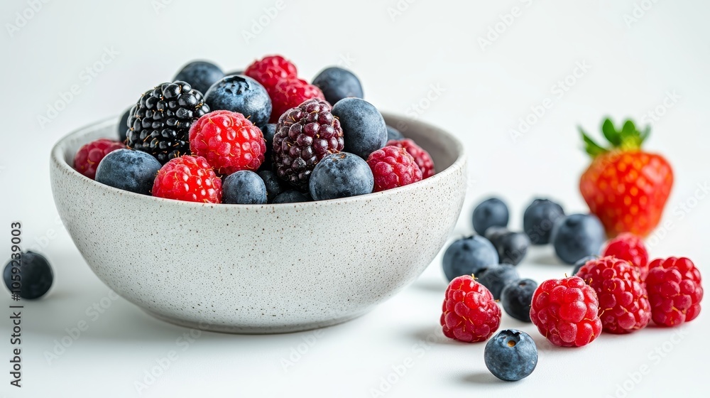 Fresh Assorted Berries in Minimalist Style on White Background with Copy Space Fresh Assorted Berries in Minimalist Style on White Background with Copy Space