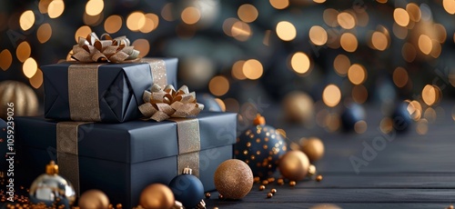 Wrapped Gifts With Gold Bows and Ornaments on a Wooden Table