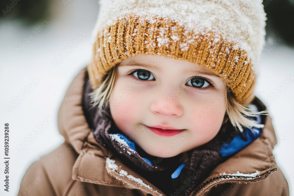 Young child playing in snowy landscape wearing cozy winter attire Young child playing in snowy landscape wearing cozy winter attire