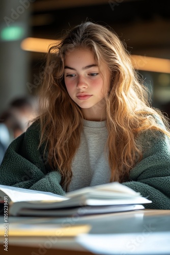 Young woman reading a book in a cozy indoor study space in the afternoon