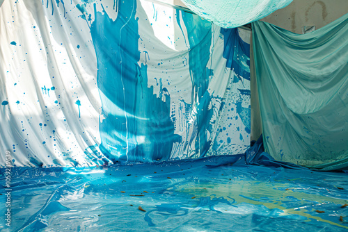 a room with a blue and white wall and a blue and white curtain