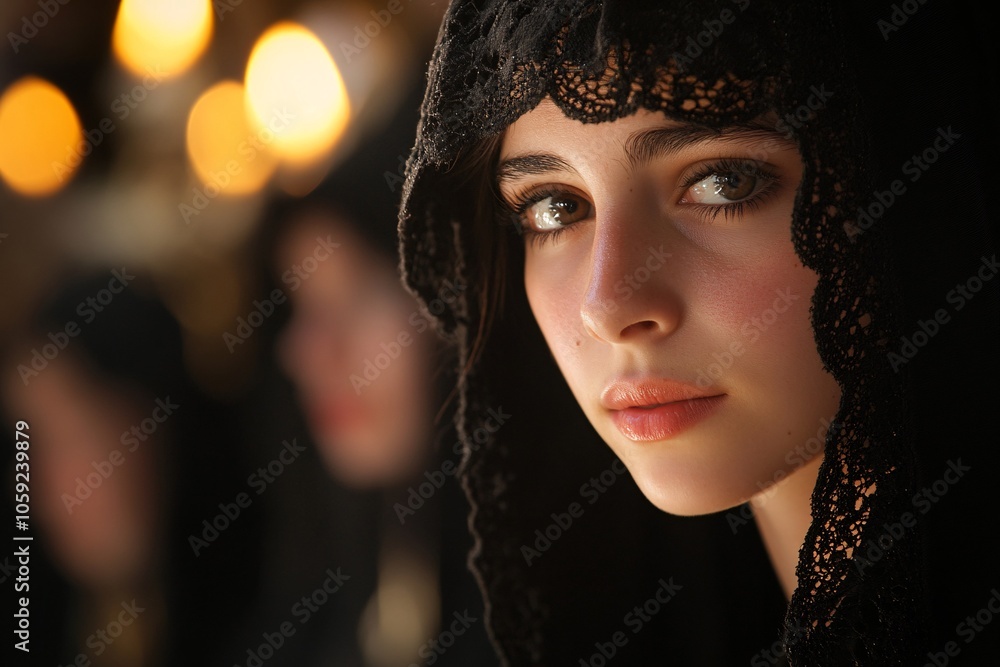 A young Spanish woman in a traditional black mantilla, attending a solemn religious procession, dramatic lighting 5 A young Spanish woman in a traditional black mantilla, attending a solemn religious procession, dramatic lighting 5