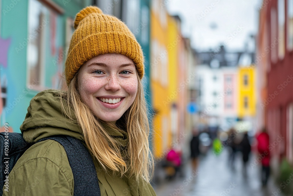 A young Scandinavian woman with freckles, wearing a knitted beanie, smiling, standing in a vibrant cityscape 3 A young Scandinavian woman with freckles, wearing a knitted beanie, smiling, standing in a vibrant cityscape 3