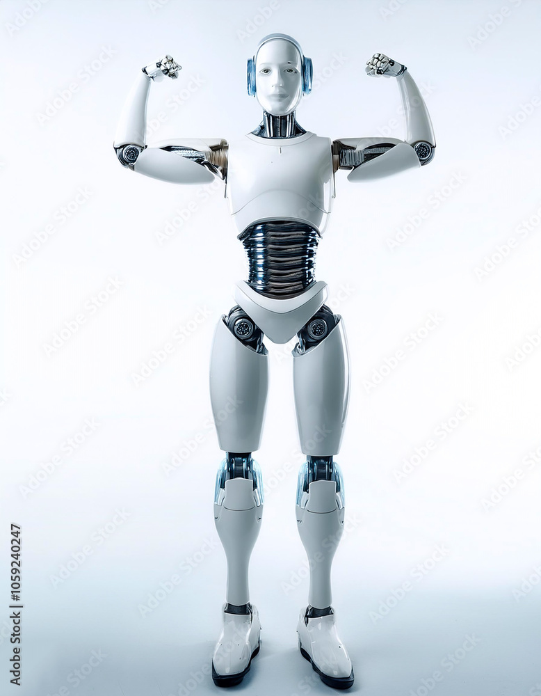 AI robot showing strong gesture by lifting her arms and muscles floating or flying isolated white background AI robot showing strong gesture by lifting her arms and muscles floating or flying isolated white background