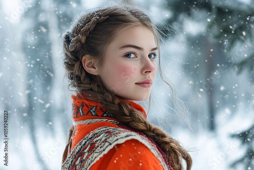 A young Scandinavian woman with braided hair, dressed in traditional Sami clothing, standing in a snowy forest 4 photo