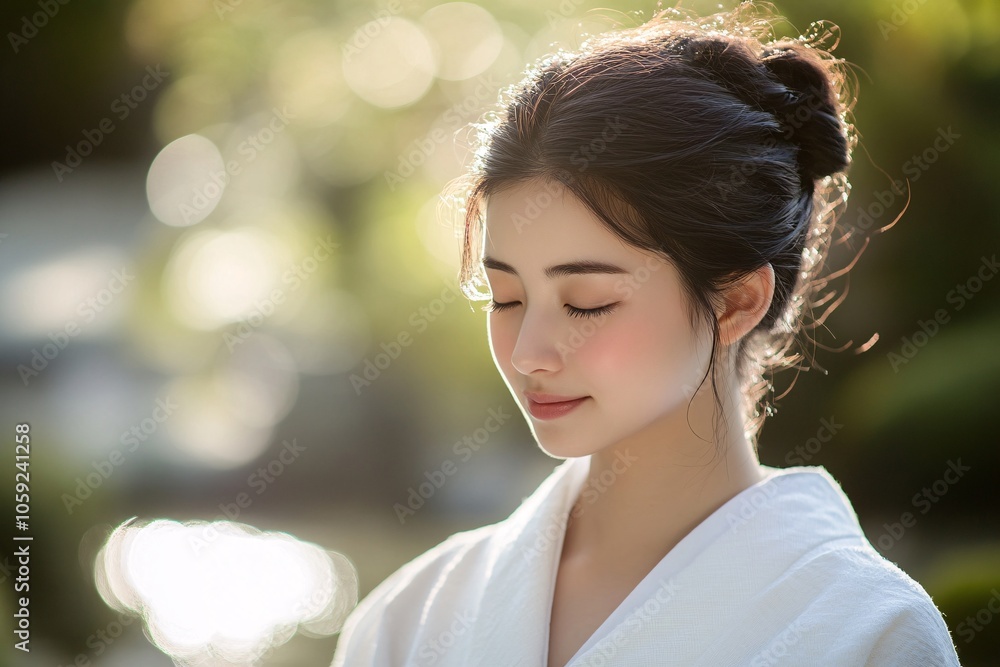 A young Japanese woman with a serene expression, in a Zen garden, wearing a simple white robe, soft natural light 7 A young Japanese woman with a serene expression, in a Zen garden, wearing a simple white robe, soft natural light 7