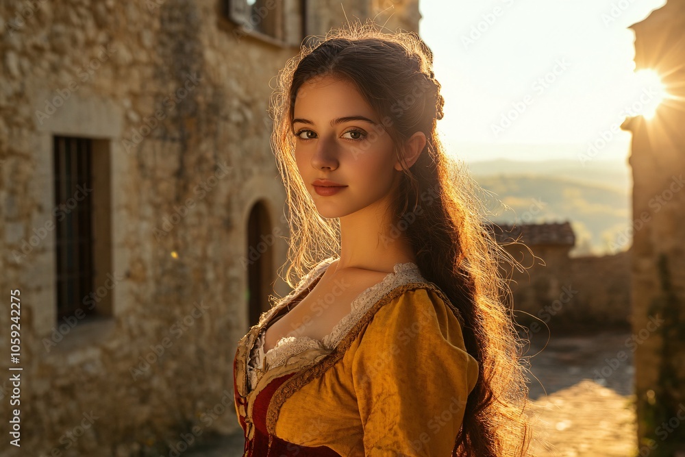 A young Italian woman in a Renaissance-inspired outfit, posing in front of a historic castle in Tuscany, warm light 4 A young Italian woman in a Renaissance-inspired outfit, posing in front of a historic castle in Tuscany, warm light 4
