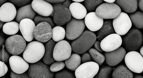 Varied collection of smooth stones in black and white, showcasing natural tex...