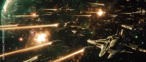 Futuristic Spaceships in Epic Space Battle with Explosions and Laser Beams - Sci-Fi Artwork.