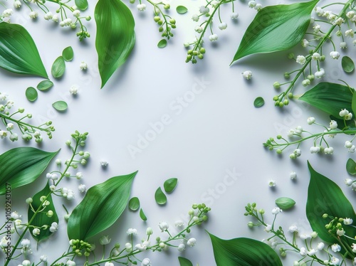 Fresh Lily Of The Valley Flowers And Green Leaves On White Background