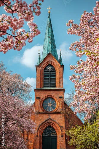 Spring blossoms frame a historic church tower under a clear blue sky