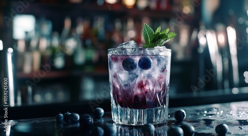 Refreshing blueberry cocktail served in a glass with mint garnish at a cozy b...