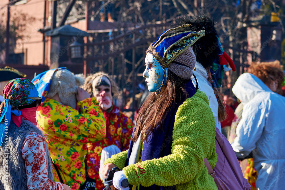 Comănești, Romania, December 2023: Local man dressed in bear fur, Romanian traditions, participates in the bear dance in the Comănești Traditions Festival