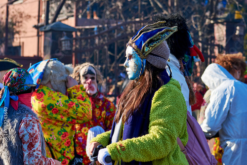 Obraz na płótnie Comănești, Romania, December 2023: Local man dressed in bear fur, Romanian traditions, participates in the bear dance in the Comănești Traditions Festival