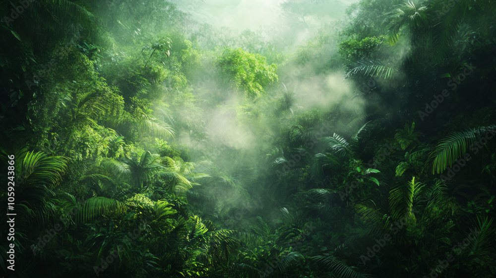 The image shows a lush, green rainforest with misty clouds. It represents the importance of protecting and restoring these vital ecosystems. The image shows a lush, green rainforest with misty clouds. It represents the importance of protecting and restoring these vital ecosystems.