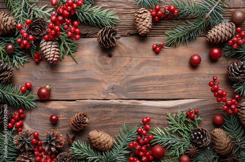 Christmas Decorations on Rustic Wood Background