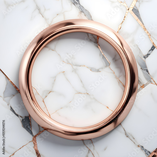 A gold ring on a white marble background with gold veins photo