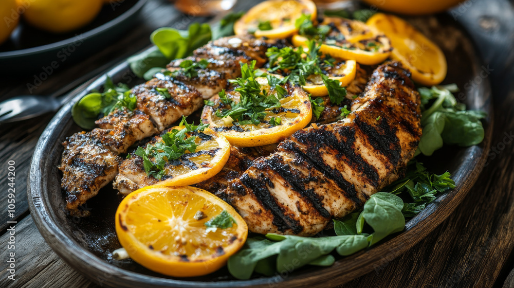A platter of grilled dorado or sea bream, seasoned with spices and topped with lemon and orange slices, parsley, and spinach, sits on a rustic wooden table. A platter of grilled dorado or sea bream, seasoned with spices and topped with lemon and orange slices, parsley, and spinach, sits on a rustic wooden table.