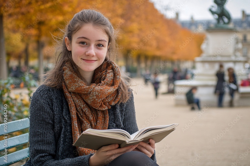 Obraz premium A young French woman with a book, sitting on a park bench in Jardin des Tuileries, autumn colors 2