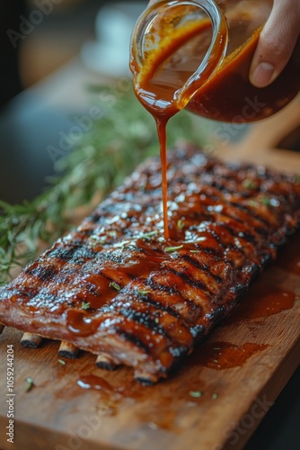 Delicious barbecue ribs being glazed with sauce on a wooden cutting board
