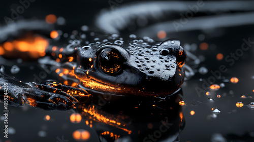 A tight shot of black material with water droplets and indistinctive backlight. Fire Salamander. Illustration