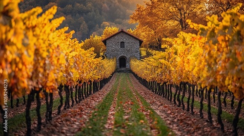 Autumn Vineyard with Golden Grapevines and Wine Cellar