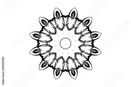 Monochrome mandala with radiating lines and shapes, promoting harmony and tranquility
