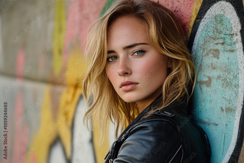 Obraz premium A young Eastern European woman with green eyes, wearing a modern leather jacket, leaning against a graffiti-covered wall, urban setting 2