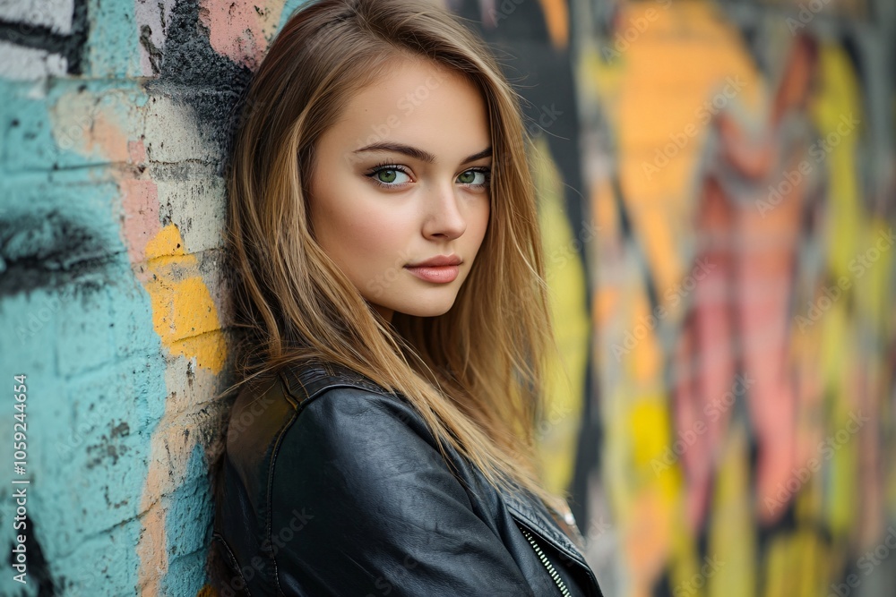 Obraz premium A young Eastern European woman with green eyes, wearing a modern leather jacket, leaning against a graffiti-covered wall, urban setting 1