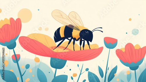 Illustration of a Bee Gathering Nectar from a Flower Amidst a Colorful Flora Background