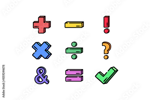 Colorful math symbol sign set. Education, school learning, mathematic concept. Colored outline vector design isolated illustration.