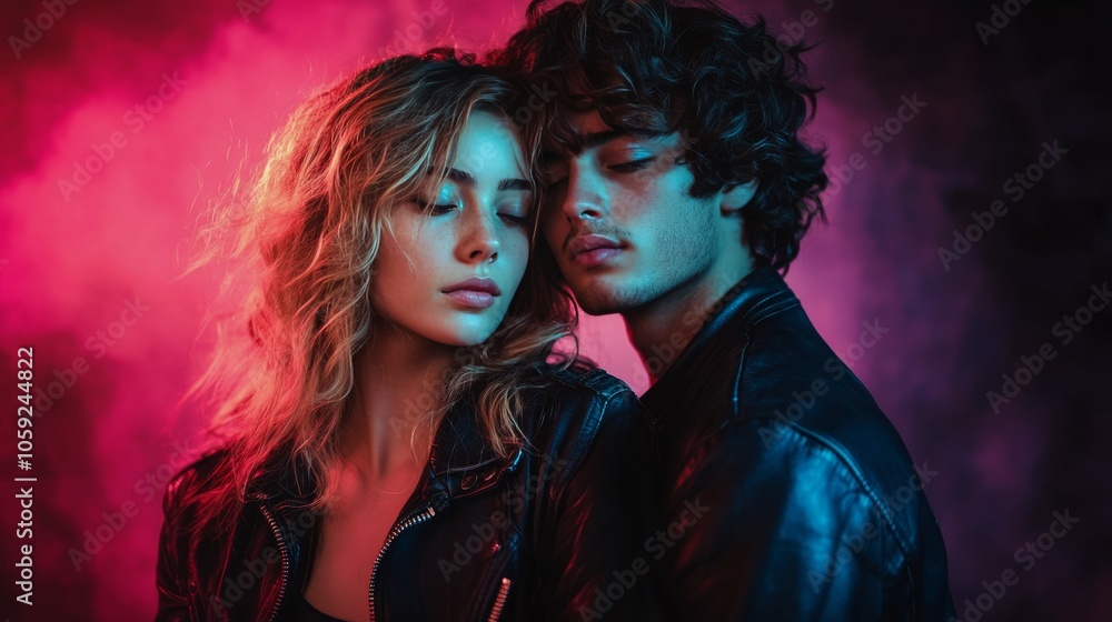 Obraz premium Couple embracing under dramatic red lighting in a moody setting