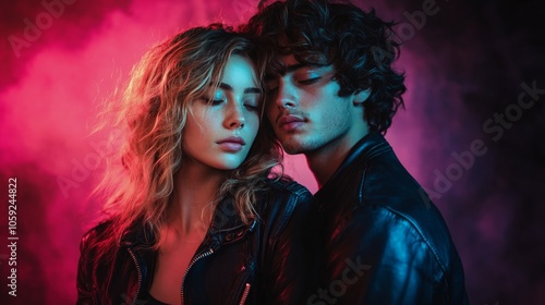 Couple embracing under dramatic red lighting in a moody setting