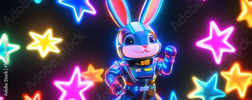 11 Pixel bunny in a motorsport suit, surrounded by candyshaped stars that flash in vibrant 8bit colors, isolated on white photo