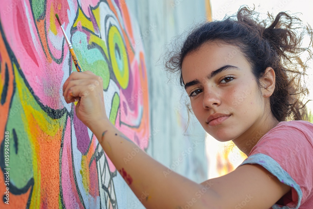 Fototapeta premium A young Brazilian woman with a paintbrush, creating street art on a wall, artistic expression, daylight 3
