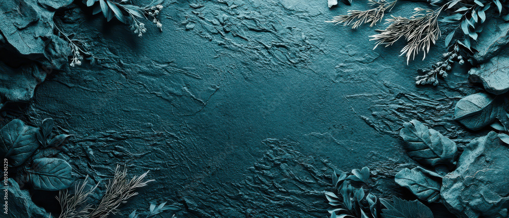 Fototapeta premium A tranquil, textured surface of dark water, surrounded by lush plants and rocks, creating a serene and natural atmosphere.