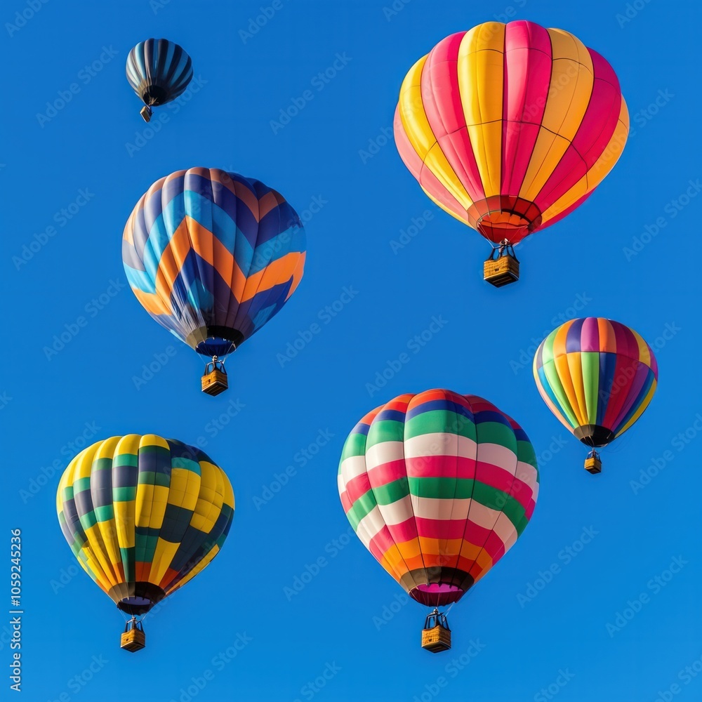 Fototapeta premium Vibrant Hot Air Balloons Floating Against a Clear Blue Sky in a Dynamic Display of Colors and Patterns