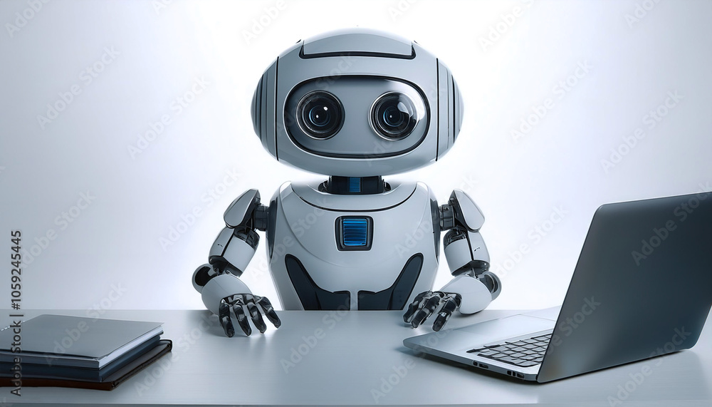AI robot holding a laptop floating or flying isolated white background AI robot holding a laptop floating or flying isolated white background